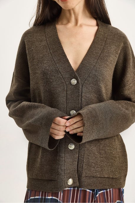 Thick Ribbed V-neck Cardigan with Button Closure - Image 6