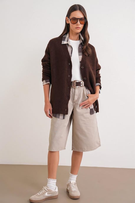 Geknoopte V-hals Geribde Brei Cardigan - Image 2
