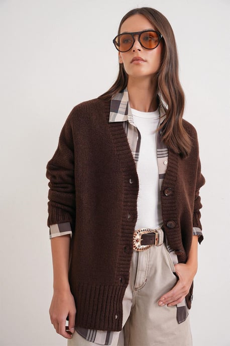 Geknoopte V-hals Geribde Brei Cardigan - Image 3