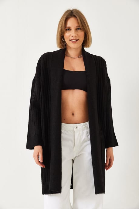 Getextureerde Lange Geribde Sjaalkraag Cardigan - Image 2