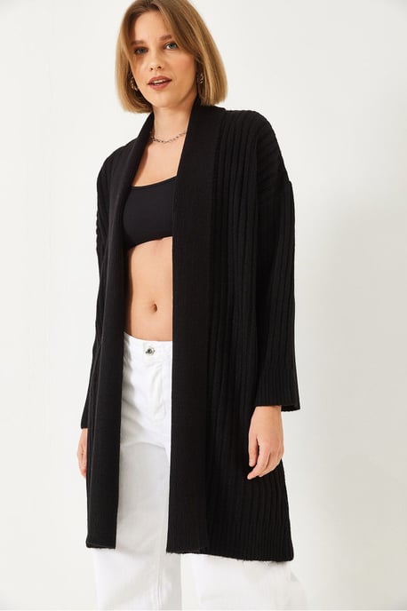 Getextureerde Lange Geribde Sjaalkraag Cardigan - Image 3
