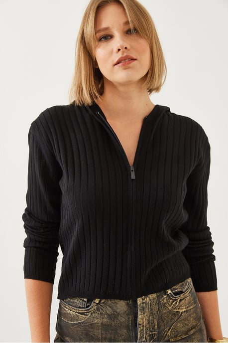 Huvtröja med ribbad stickad cardigan och dragkedja - Image 3