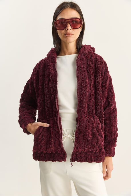 Huvad Texturerad Stickad Cardigan med Dragkedja - Image 2