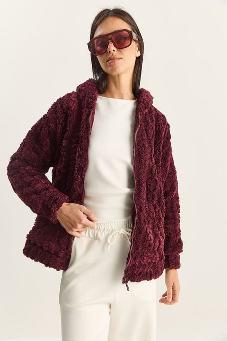 Huvad Texturerad Stickad Cardigan med Dragkedja - Image 3