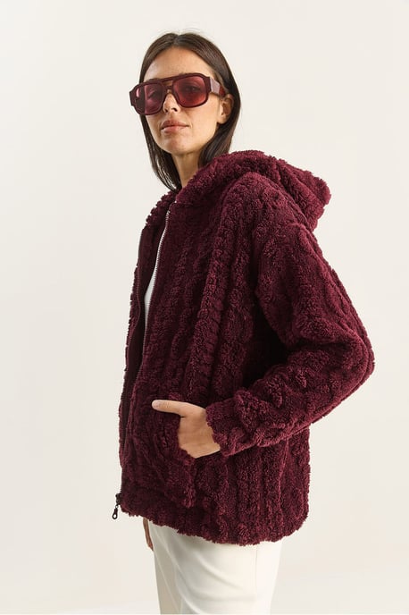 Huvad Texturerad Stickad Cardigan med Dragkedja - Image 4