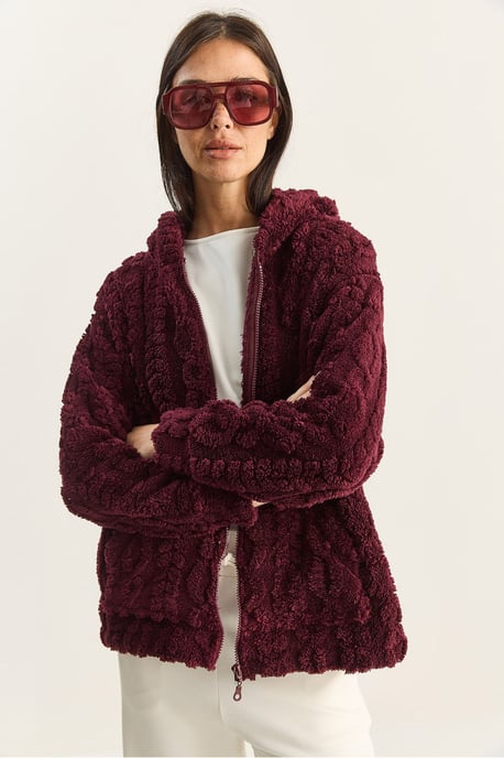 Huvad Texturerad Stickad Cardigan med Dragkedja - Image 5