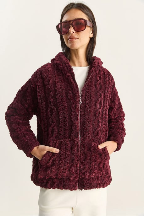 Huvad Texturerad Stickad Cardigan med Dragkedja - Image 6