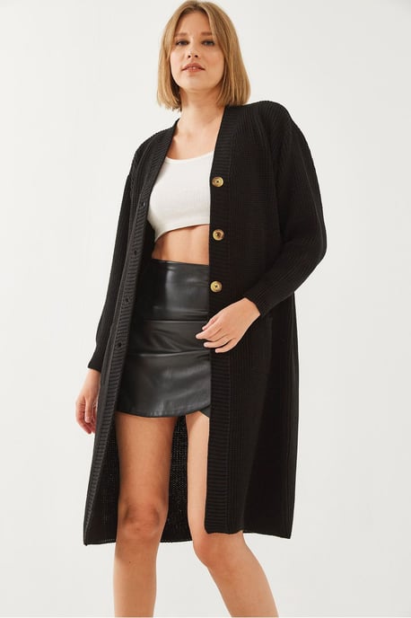 Textured Long V-neck Button Cardigan - Image 2