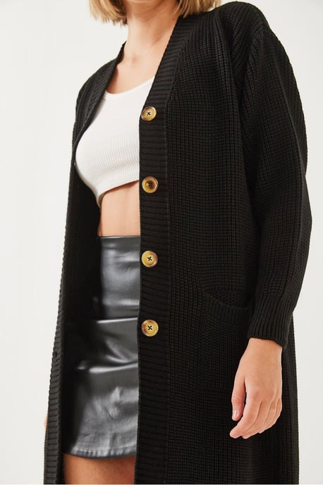 Textured Long V-neck Button Cardigan - Image 3
