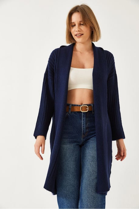 Gelaagde Lange Geribbelde Sjaalkraag Cardigan - Image 3