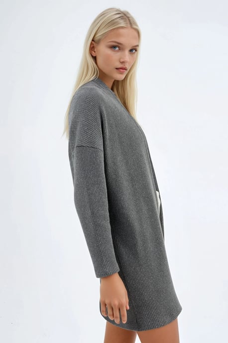 Lång ribbvävd stickad cardigan med öppen krage - Image 2