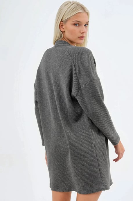 Lång ribbvävd stickad cardigan med öppen krage - Image 3
