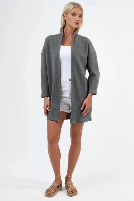 Lång ribbvävd stickad cardigan med öppen krage - Image 5