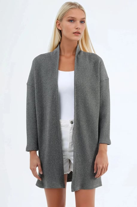 Lång ribbvävd stickad cardigan med öppen krage - Image 6
