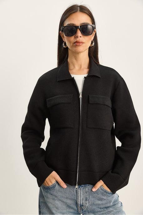 Ribbad stickad cardigan med dragkedja och fickor - Image 2