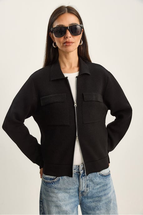 Ribbad stickad cardigan med dragkedja och fickor - Image 3