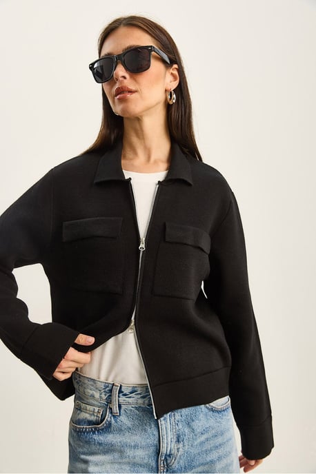 Ribbad stickad cardigan med dragkedja och fickor - Image 4