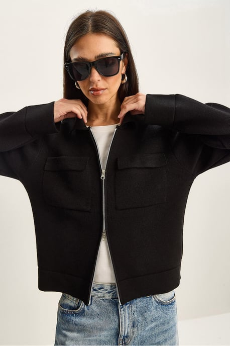 Ribbad stickad cardigan med dragkedja och fickor - Image 5