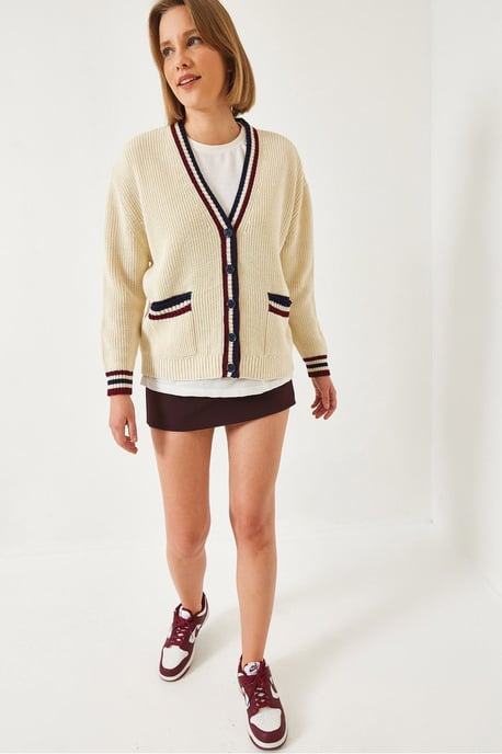Gepatternde V-hals Ribgebreide Cardigan met Zakken - Image 2