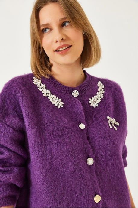 Versierde Ronde Hals Lange Mouwen Cardigan - Image 4