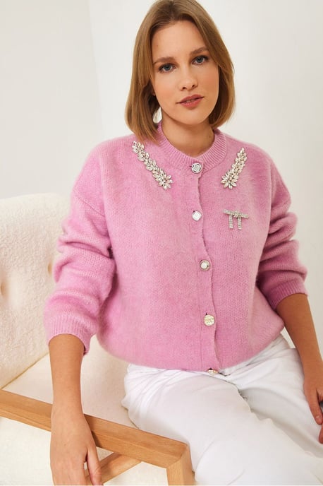 Versierde Ronde Hals Lange Mouw Cardigan - Image 2