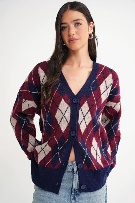 Oversized Argyle V-hals Geknoopte Cardigan - Image 1