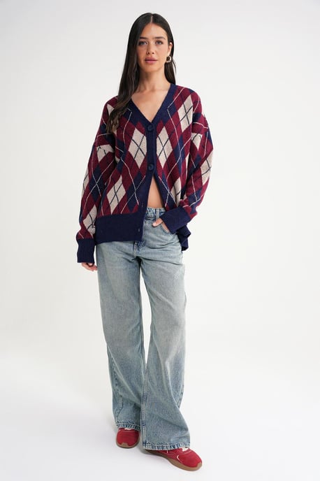 Oversized Argyle V-hals Geknoopte Cardigan - Image 2