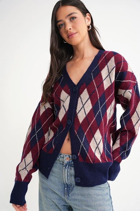 Oversized Argyle V-hals Geknoopte Cardigan - Image 3