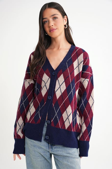 Oversized Argyle V-hals Geknoopte Cardigan - Image 4