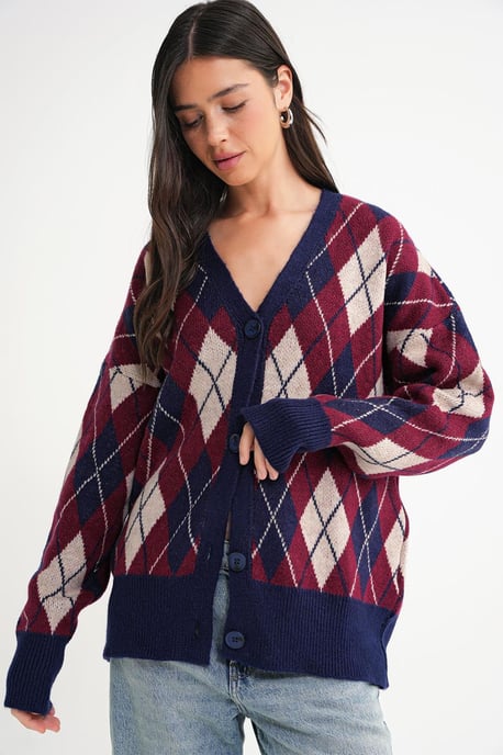 Oversized Argyle V-hals Geknoopte Cardigan - Image 5