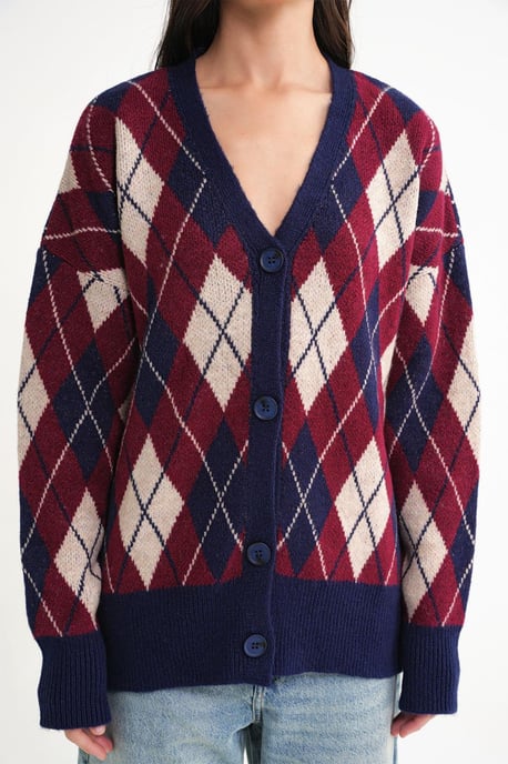 Oversized Argyle V-hals Geknoopte Cardigan - Image 6