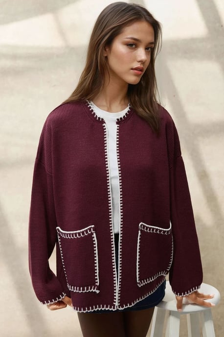 Stitch Detailed Long Knit Cardigan - Image 1
