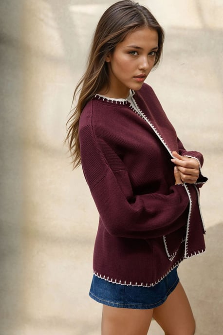 Stitch Detailed Long Knit Cardigan - Image 2