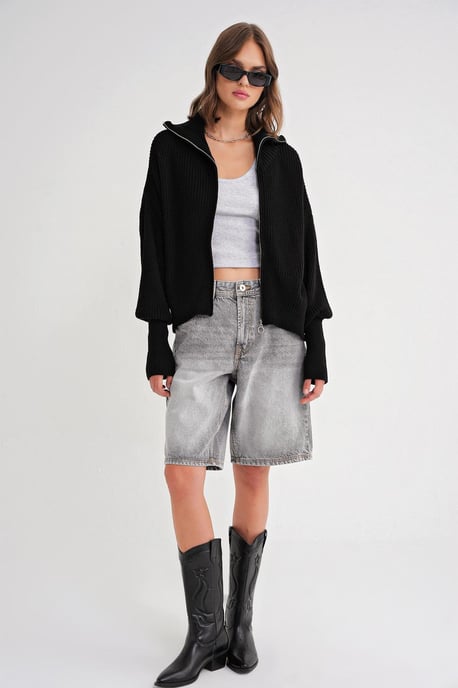 Zipkrage Oversized Texturerad Stickad Kofta - Image 2