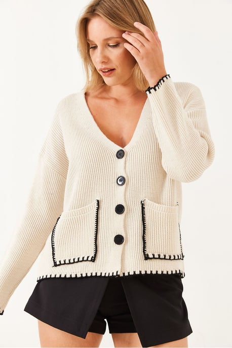 Texturerad V-ringad knapp cardigan med ficka - Image 2
