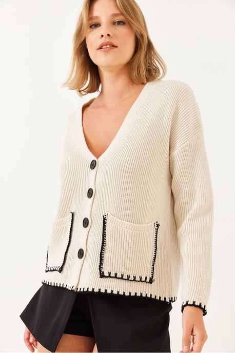 Texturerad V-ringad knapp cardigan med ficka - Image 3