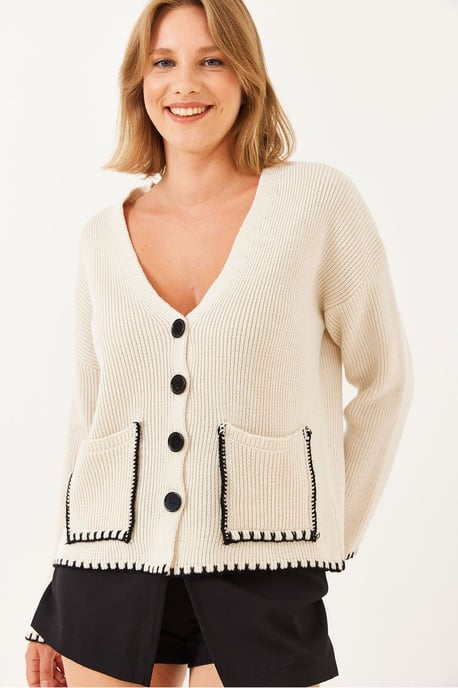 Texturerad V-ringad knapp cardigan med ficka - Image 4