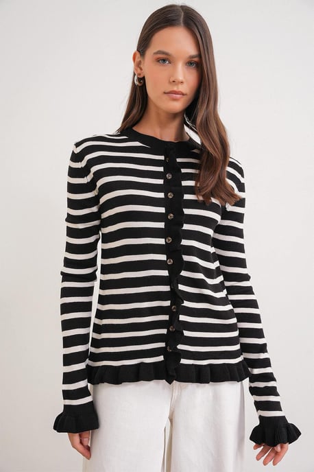 Randig knapp-front ruffle trim stickad cardigan - Image 2