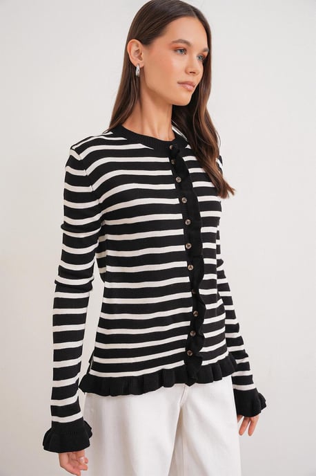 Randig knapp-front ruffle trim stickad cardigan - Image 3