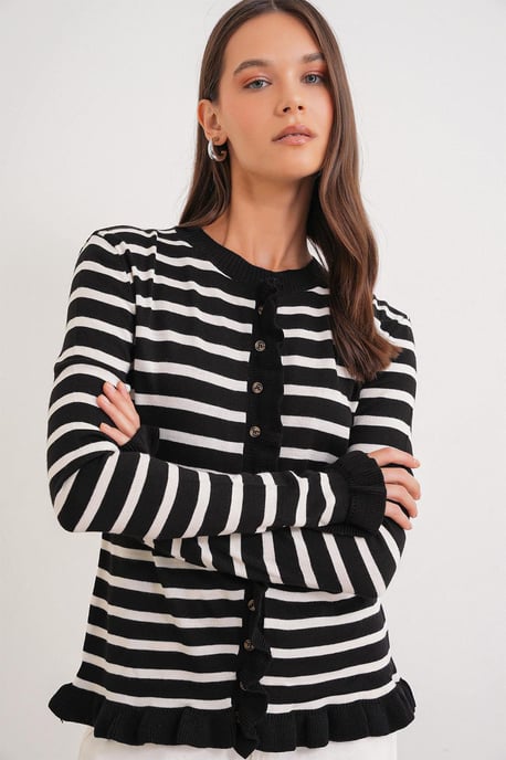 Randig knapp-front ruffle trim stickad cardigan - Image 4
