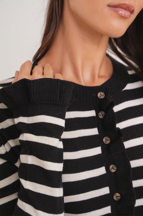 Randig knapp-front ruffle trim stickad cardigan - Image 5