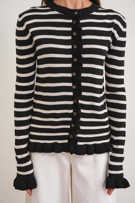 Randig knapp-front ruffle trim stickad cardigan - Image 6
