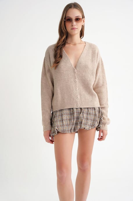 Geribde V-Hals Knopen Cardigan - Image 2