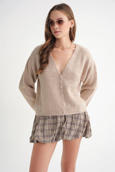 Geribde V-Hals Knopen Cardigan - Image 4