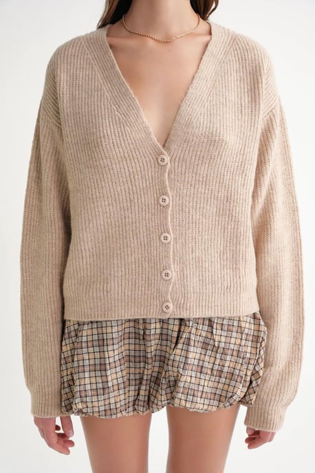 Geribde V-Hals Knopen Cardigan - Image 5
