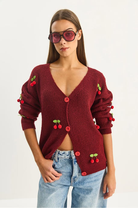 V-hals Fruit Geborduurde Breisel Cardigan - Image 2