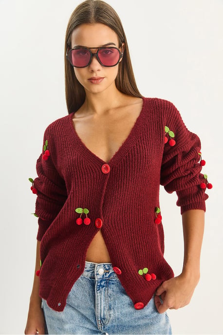 V-hals Fruit Geborduurde Breisel Cardigan - Image 3