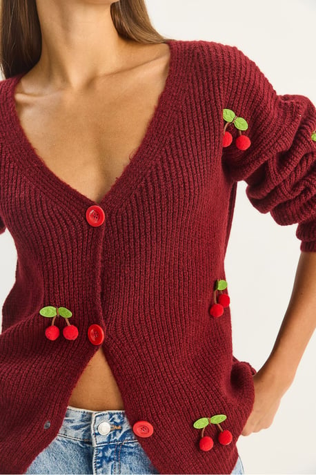 V-hals Fruit Geborduurde Breisel Cardigan - Image 4