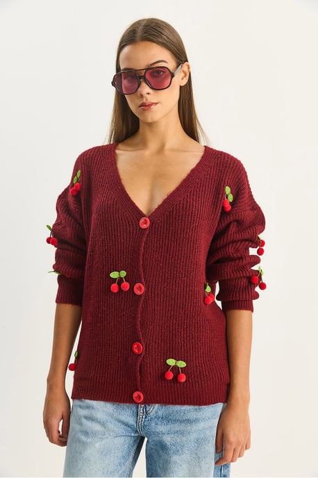 V-hals Fruit Geborduurde Breisel Cardigan - Image 5