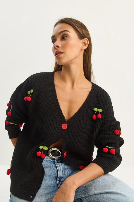 V-hals Fruit Geborduurde Brei Cardigan - Image 2